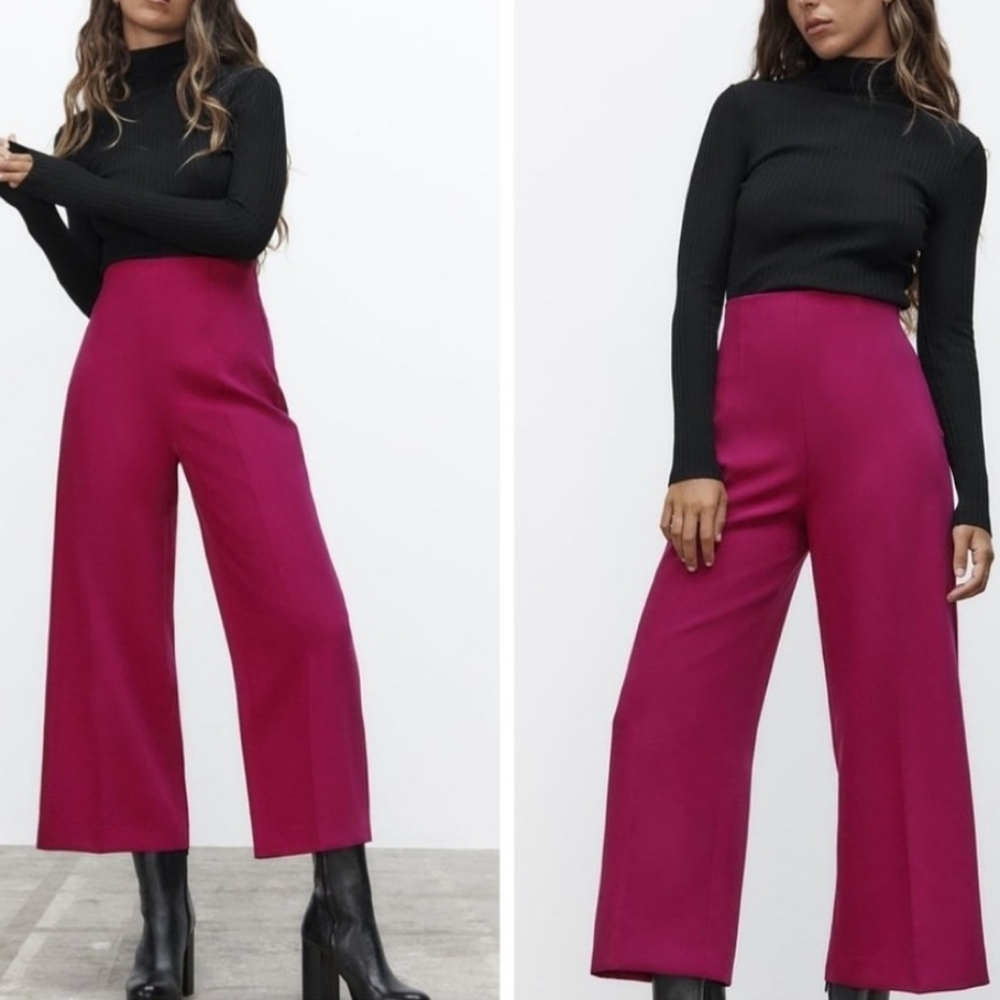 Zara Women's High-Waisted Fuchsia Culotte Magenta Pants